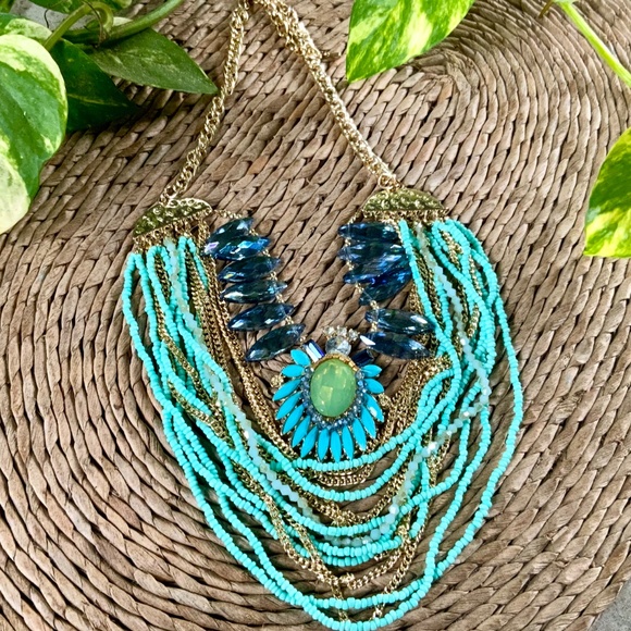 Bold Statement Necklace Multi Strand DRAMATIC VINTAGE 1980s TURQUOISE BLUES NWOT - Picture 4 of 15